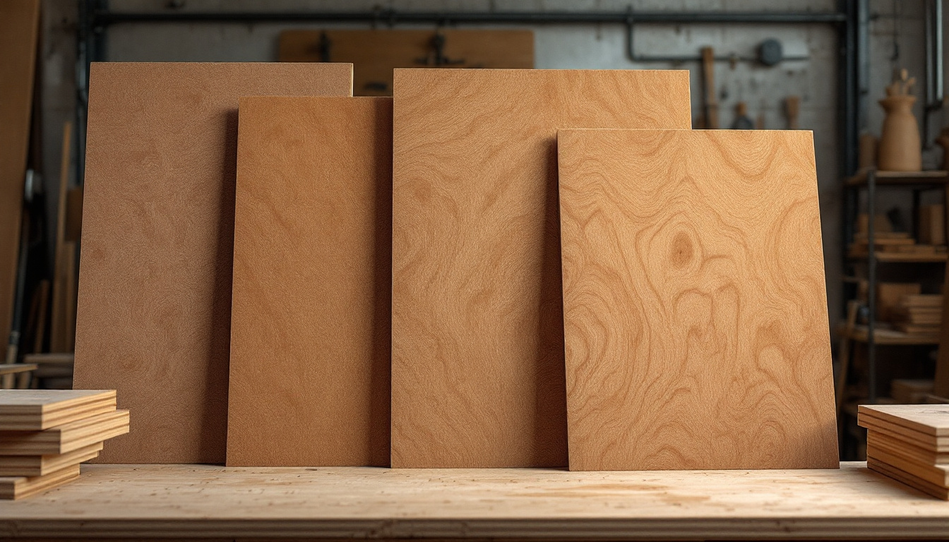 A photograph of a selection of f14 plywood sheets displayed in a well-lit workshop setting