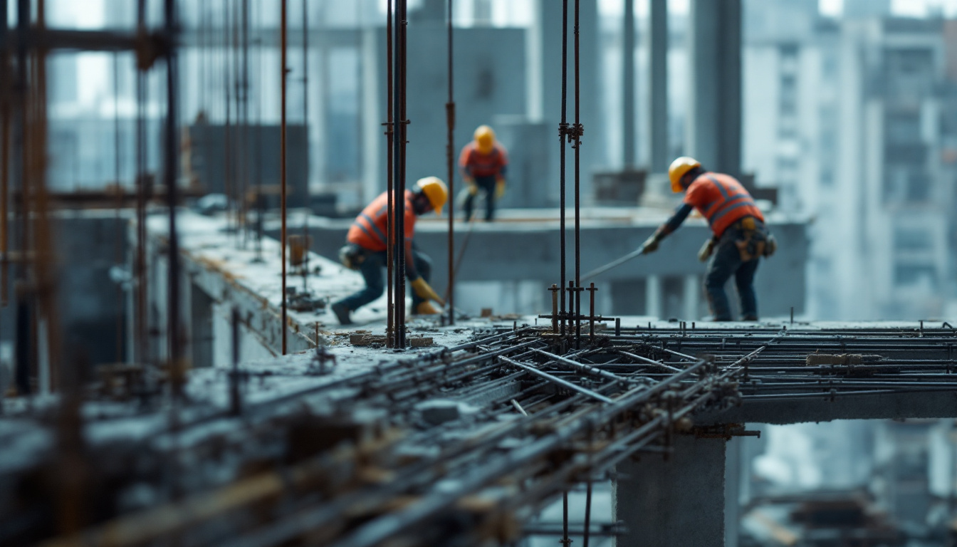 A photograph of a construction site where workers are installing rebar in a concrete structure