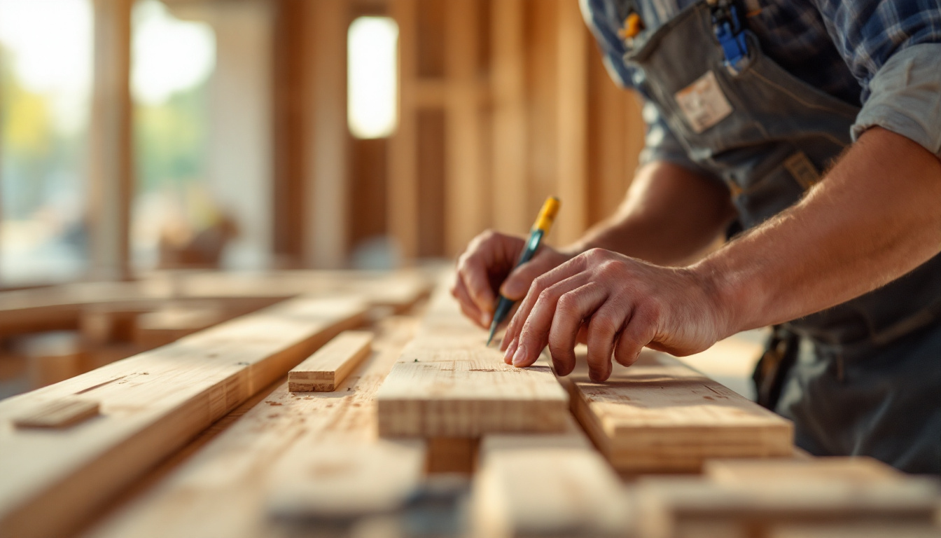 A photograph of a construction site featuring a skilled worker expertly assembling formwork using high-quality plywood