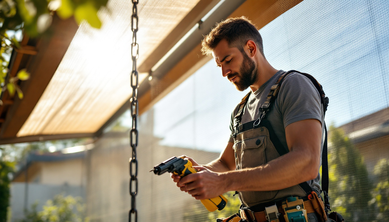 A photograph of a skilled installer demonstrating the proper techniques for setting up chain and shade mesh in a sunny outdoor setting