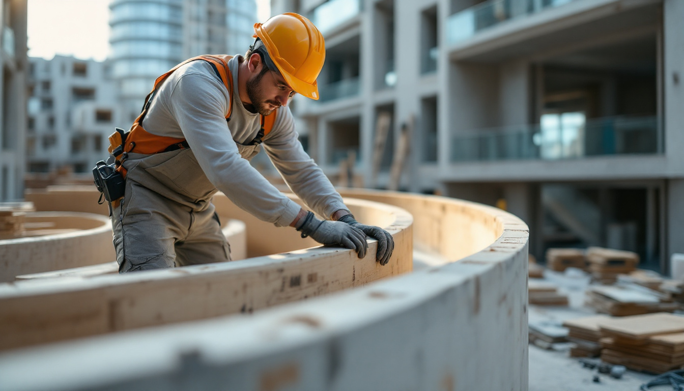 A photograph of a skilled construction worker meticulously assembling curved concrete forms with formwork plywood on a modern architectural site