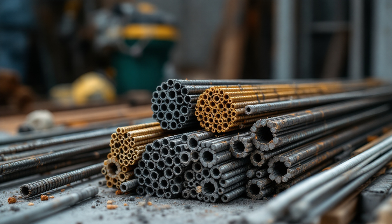 A photograph of a variety of rebar types displayed together on a construction site