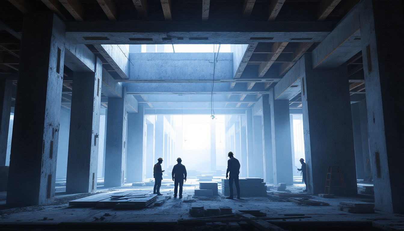 A photograph of a construction site showcasing lvl formwork in action