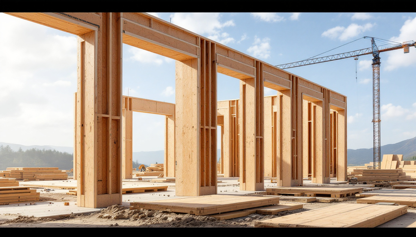 A photograph of a construction site showcasing various sizes of lvl formwork being used in a building project